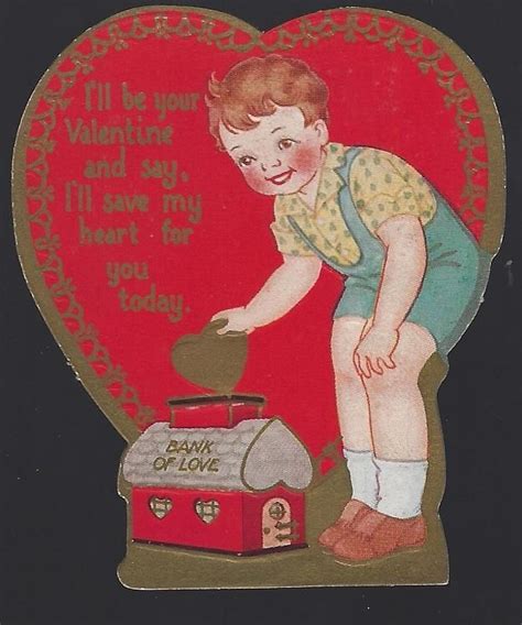 Vintage Heart Shaped Valentine Card With Little Boy Putting Heart In