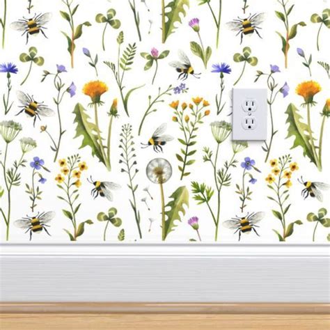 Bees And Wildflowers White Large Spoonflower Wallpaper Perfect