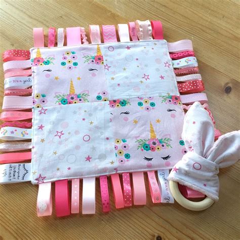 Baby Girl Unicorn Taggie Blanket Pink White Teething Taggy Etsy