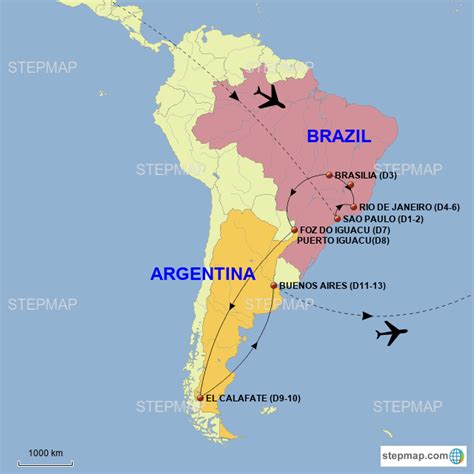 Stepmap Brazil And Argentina Landkarte Für South America