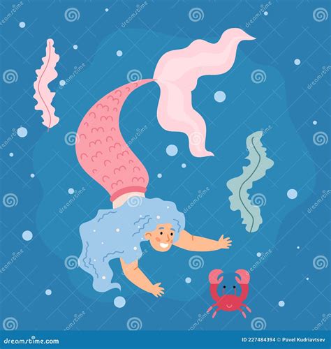Zeemeermin Met Lang Blauw Haar En Roze Staart Zwemmen Onder Water Onder