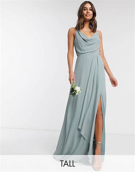 Tfnc Tall Bridesmaid Cowl Neck Cami Strap Maxi Dress With Train In Sage Asos