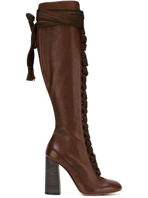 Chloé Lace Up Knee High Boots in Brown Lyst