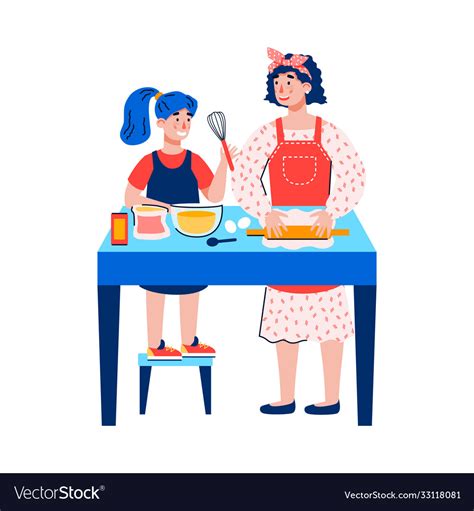 Mother And Daughter Cooking Together Flat Cartoon Vector Image