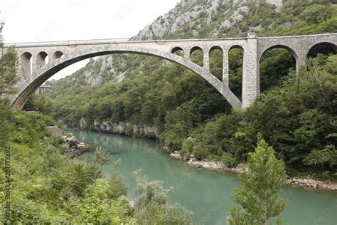 Solkan Stone Railway Bridge In Slovenia Over The River Soсa Stock Photo