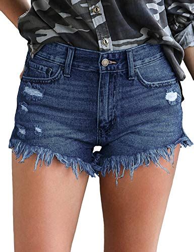 Lookbookstore Womens Mid Rise Frayed Ripped Raw Hem Denim Jean Shorts Solid Dark Blue Size Xxl