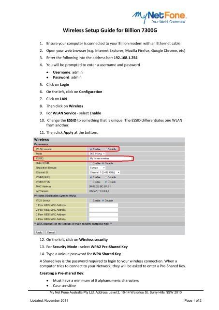 Wireless Setup Guide For Billion 7300g Mynetfone