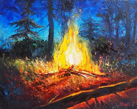 Campfire Painting Fire Oil On Canvas Hiker T Farmhouse Wall Decor