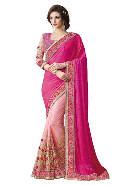 Rani Pink Embroidered Georgette Saree With Blouse Isha Enterprise 1832491