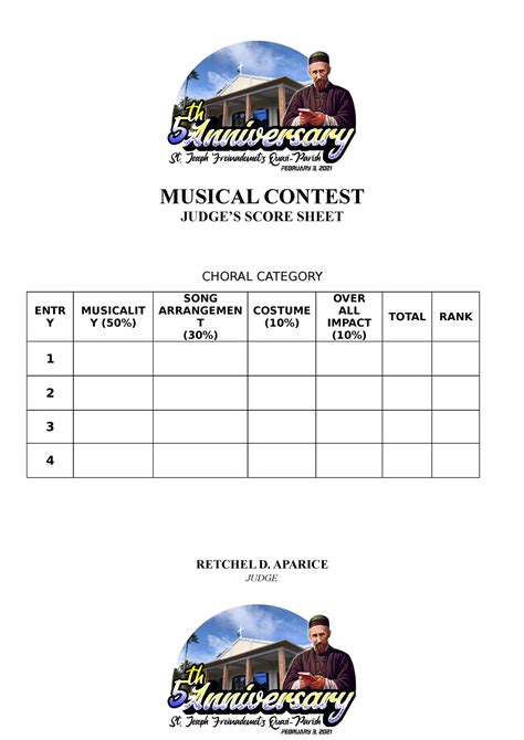 Score Sheet For Judging Judges Score Sheet Choral Category Entr Y