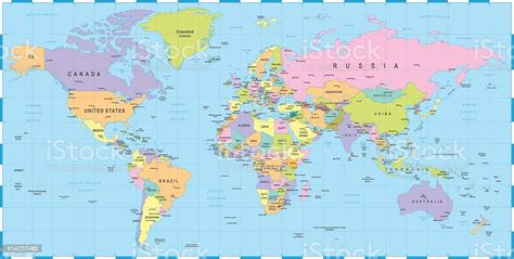 Colored World Map Borders Countries And Cities Illustration Stock