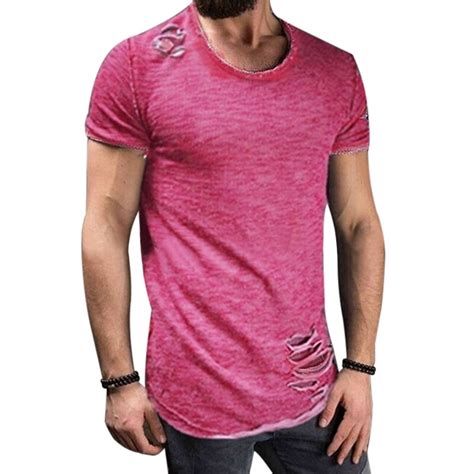 Adisputent Fashion Summer Ripped T Shirt Clothes Men Tee Hole Solid T