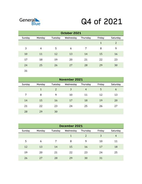 Q4 2021 Quarterly Calendar Pdf Word Excel