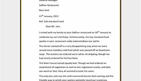 restaurant complain letter