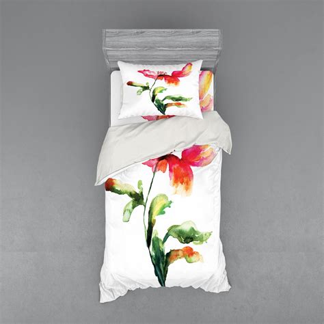 Watercolor Flower Duvet Cover Set Shaded Single Poppy Flowering Plant