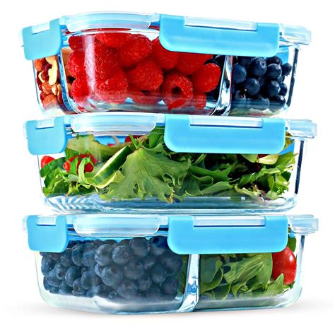 1 And 2 And 3 Compartment Glass Meal Prep Food Storage Containers With Lids