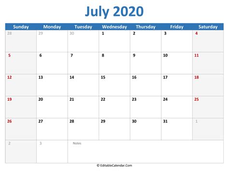 July 2020 Printable Calendar With Holidays