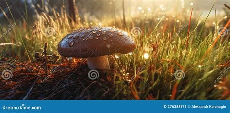 Edible Mushroom In Dew Drops In Grass In Forest On Sunny Summer Day
