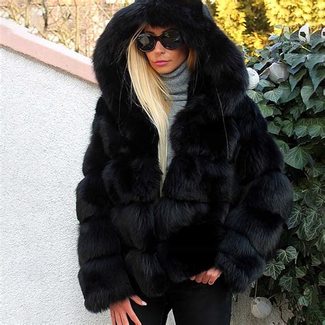 Women Black Thick Real Vulpes Fox Fur Coat With Hood Winter Warm Jacket
