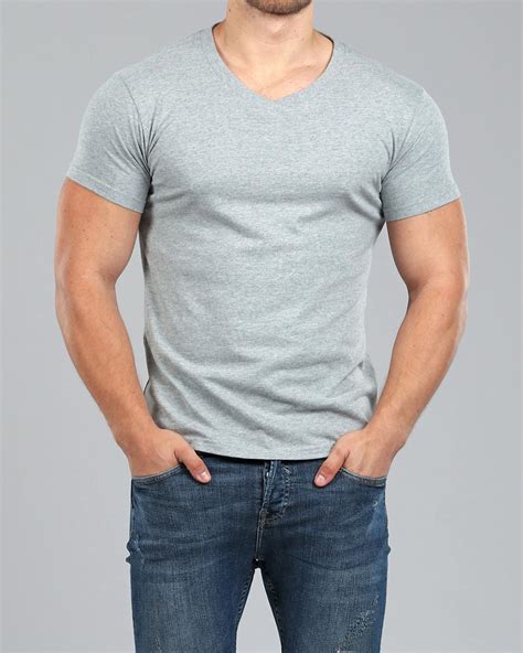 Mens Heather Grey V Neck Fitted Plain T Shirt Muscle Fit Basics