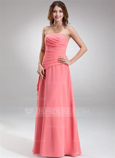A Line Princess Strapless Floor Length Chiffon Bridesmaid Dress With Ruffle Flower S 007001081