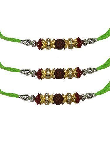 Indiabigshop Set Of 3 Rudraksh With Green Crystal Beads Rakhi Thread