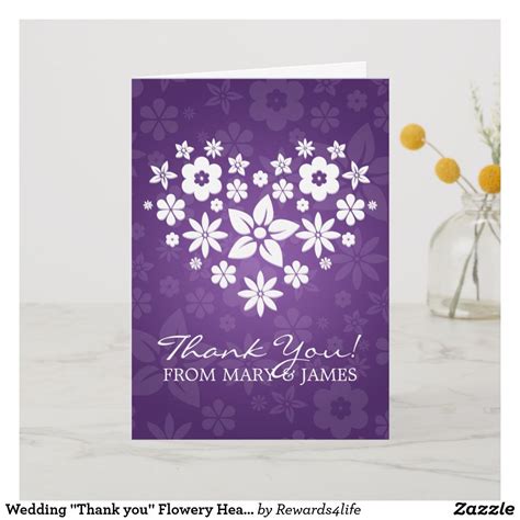Wedding Thank You Flowery Heart Purple Thank You Card