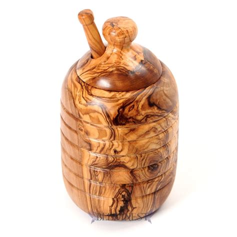 Olive Wood Large Honey Jar Set Including Honey Dipper Handmade Wooden Honey Pot Uk