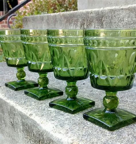 Beautiful Olive Green Glass Goblets Indiana Glass Set Of Four Etsy Green Glass Indiana