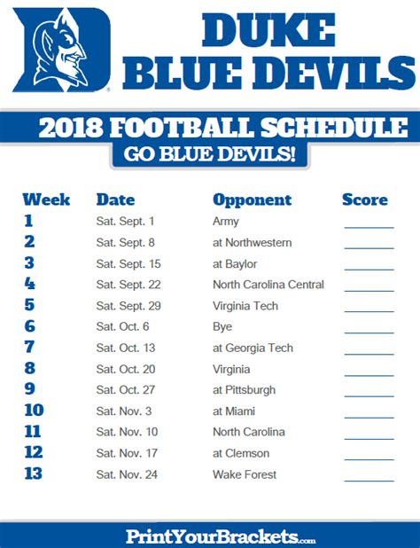 Duke Basketball Printable Schedule