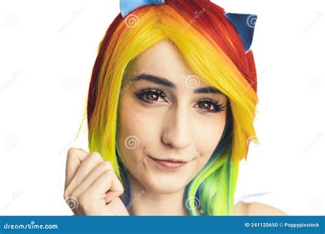 Pretty Rainbow Haired European Flirty Woman Posing With Her Hands Near