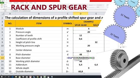 Calculation Rack And Spur Gear Excel Formula Youtube