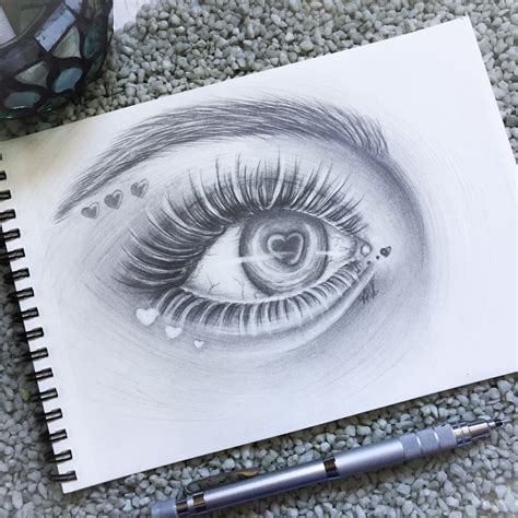 A Rough Pencil Drawing Of An Eye With Heart Details Eye Drawing