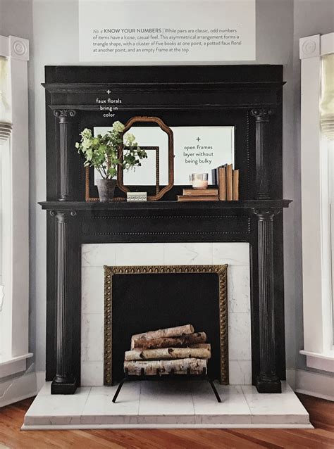 The Fireplace Is Decorated In Black And White With An Ornate Mantel On