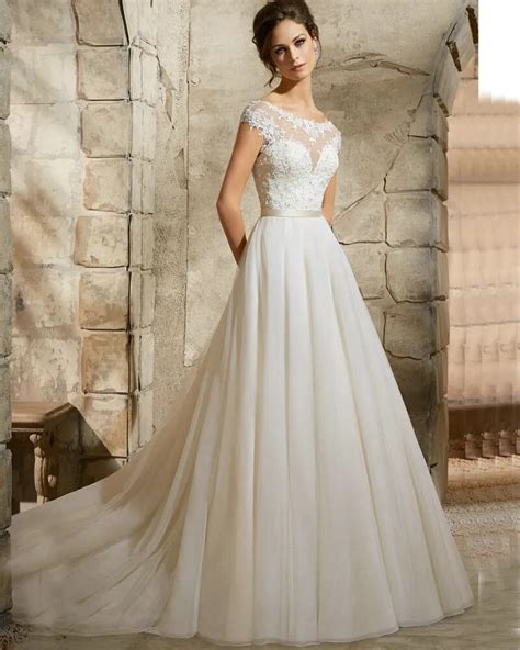 Long Tail Wedding Dresses Cap Sleeve Ivory Tulle Italian Wedding Dress