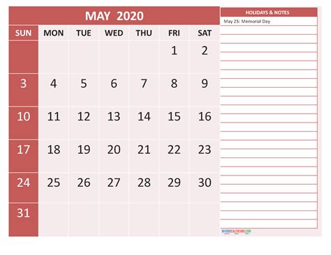 Printable May 2020 Calendar With Holidays Word