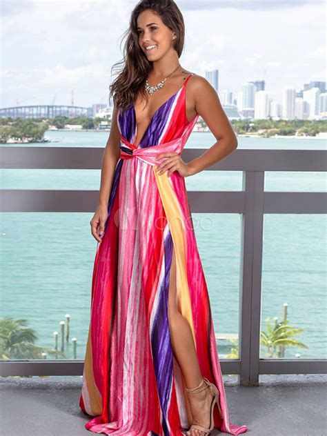 sexy maxi vestidos rainbow stripe dividir backless v pescoço impresso longo vestido de verão