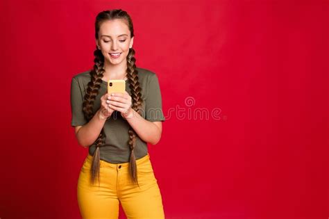 Photo Of Pretty Lady Long Braids Holding Telephone Hands Reading New Positive Comments