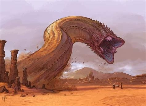 An Image Of A Giant Snake In The Desert With People Walking Around It