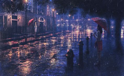 Two People Holding Umbrellas In The Rain At Night