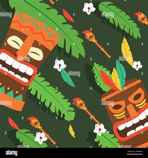 Tiki Cartoons With Torches Background Design Of Hawaiian Tropical
