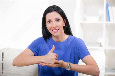 Beautiful Smiling Deaf Woman Using Sign Language Fotos De Archivo E