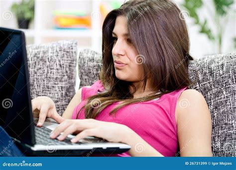 Teenage Girl Chatting On Internet Stock Image Image Of Couch