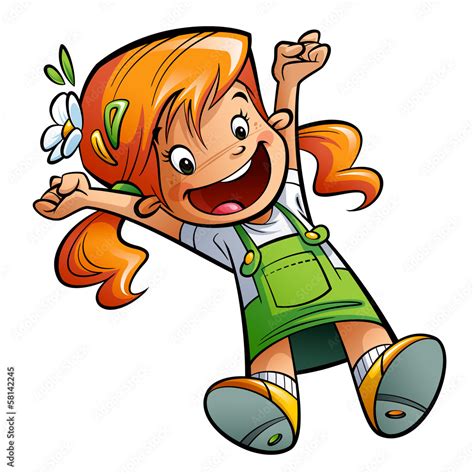 Happy Cute Cartoon Girl Jumping Happily Stretching Hands And Leg Stock