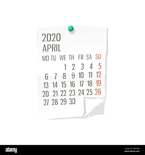 Vector Calendar For April 2020 On White Paper With Holding Pin Over