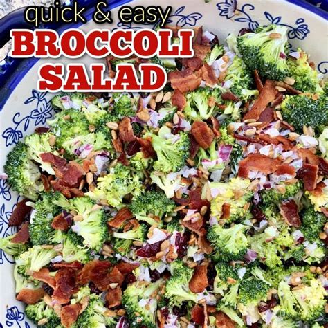 Broccoli Salad With Bacon In A Blue And White Bowl
