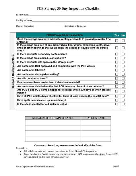Iowa Pcb Storage 30 Day Inspection Checklist Fill Out Sign Online