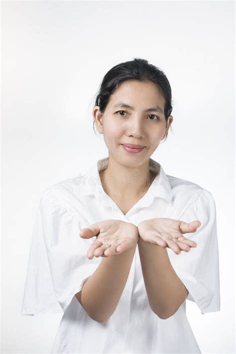 Portraits Asian Beautiful Woman Hand Giving On White Background Stock Image Image Of