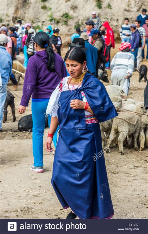 A Native Woman In Traditional Dress At Livestock Market Otavalo