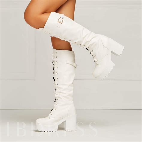 Platform Round Toe Lace Up Front Knee High Chunky Heel Womens Boots Womens Chunky Heels